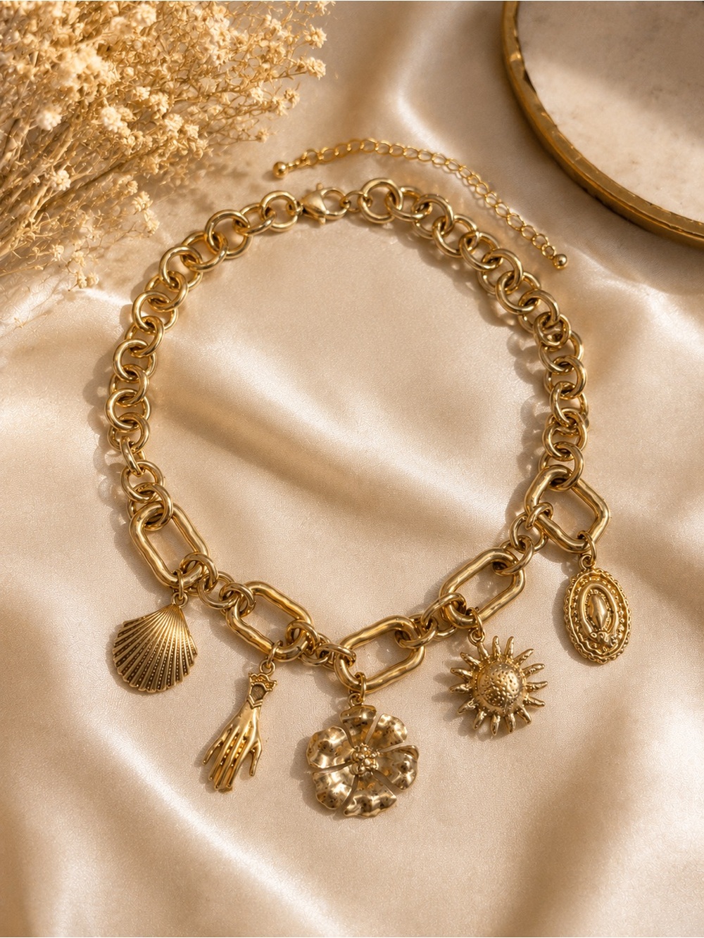 Gold Charm Necklace with Floral & Sun Pendants